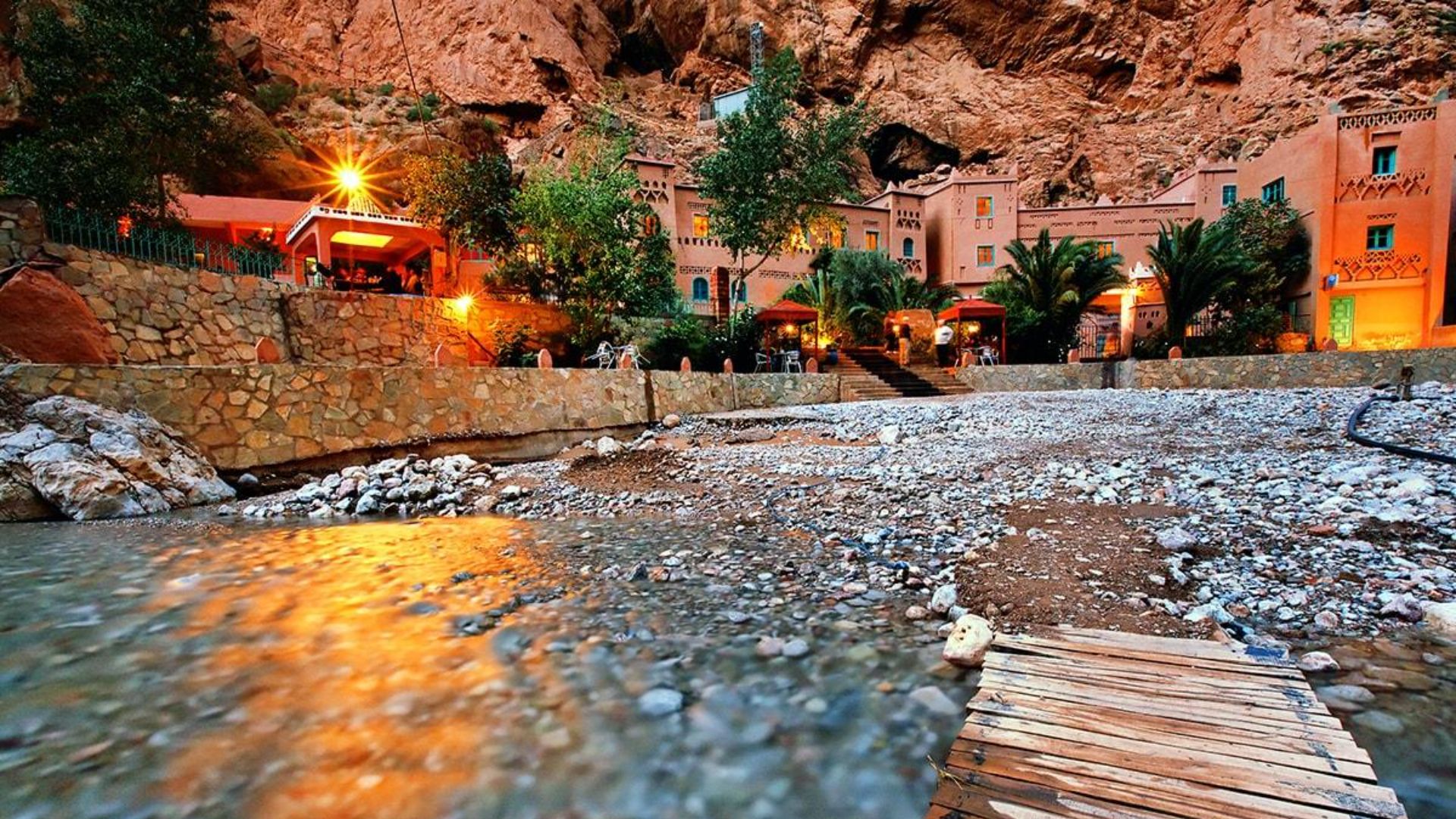 A riverside kasbah in the Ourika valley at dusk