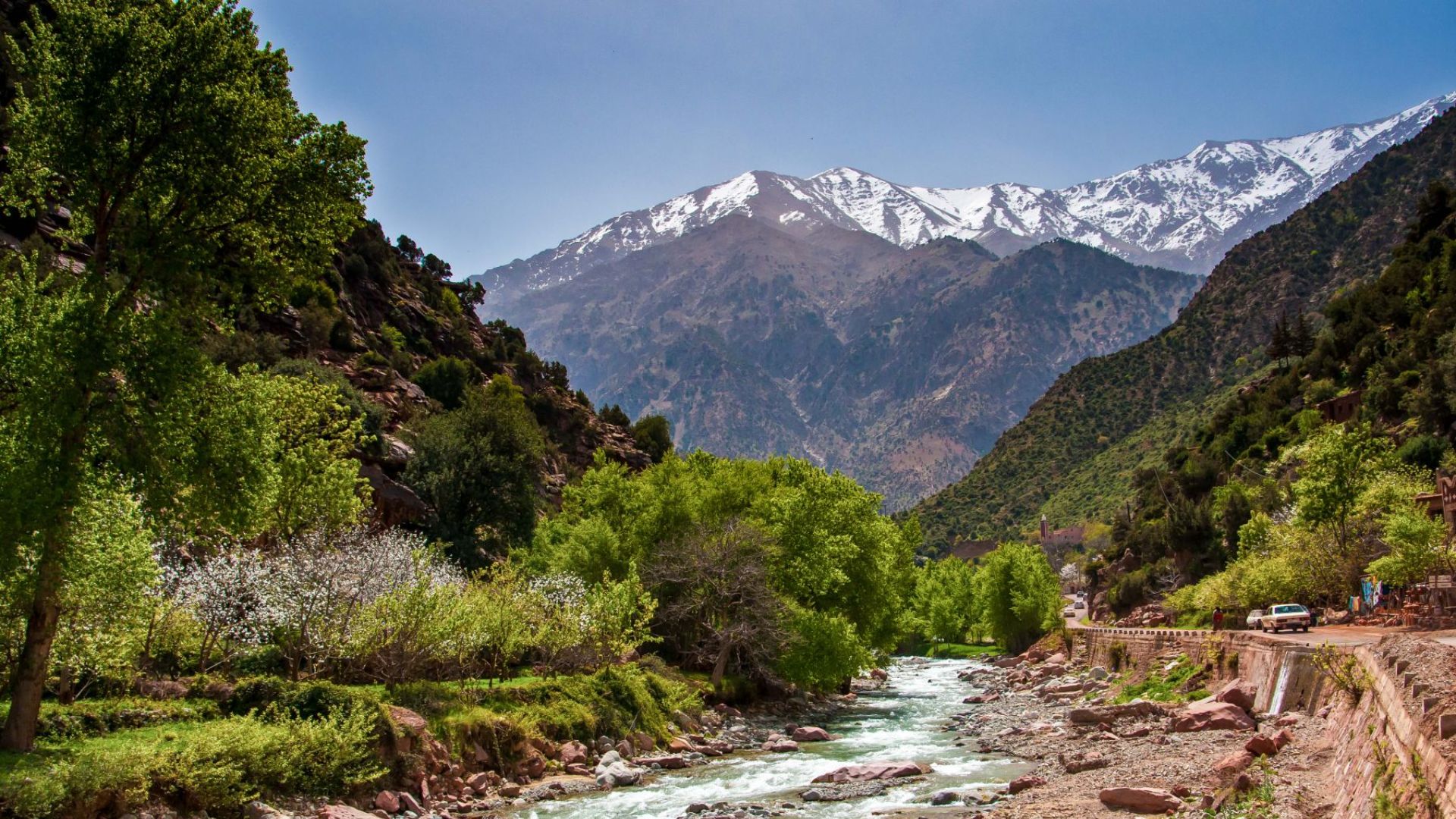 The road through the Ourika valley, with the snow-covered Atlas beyond